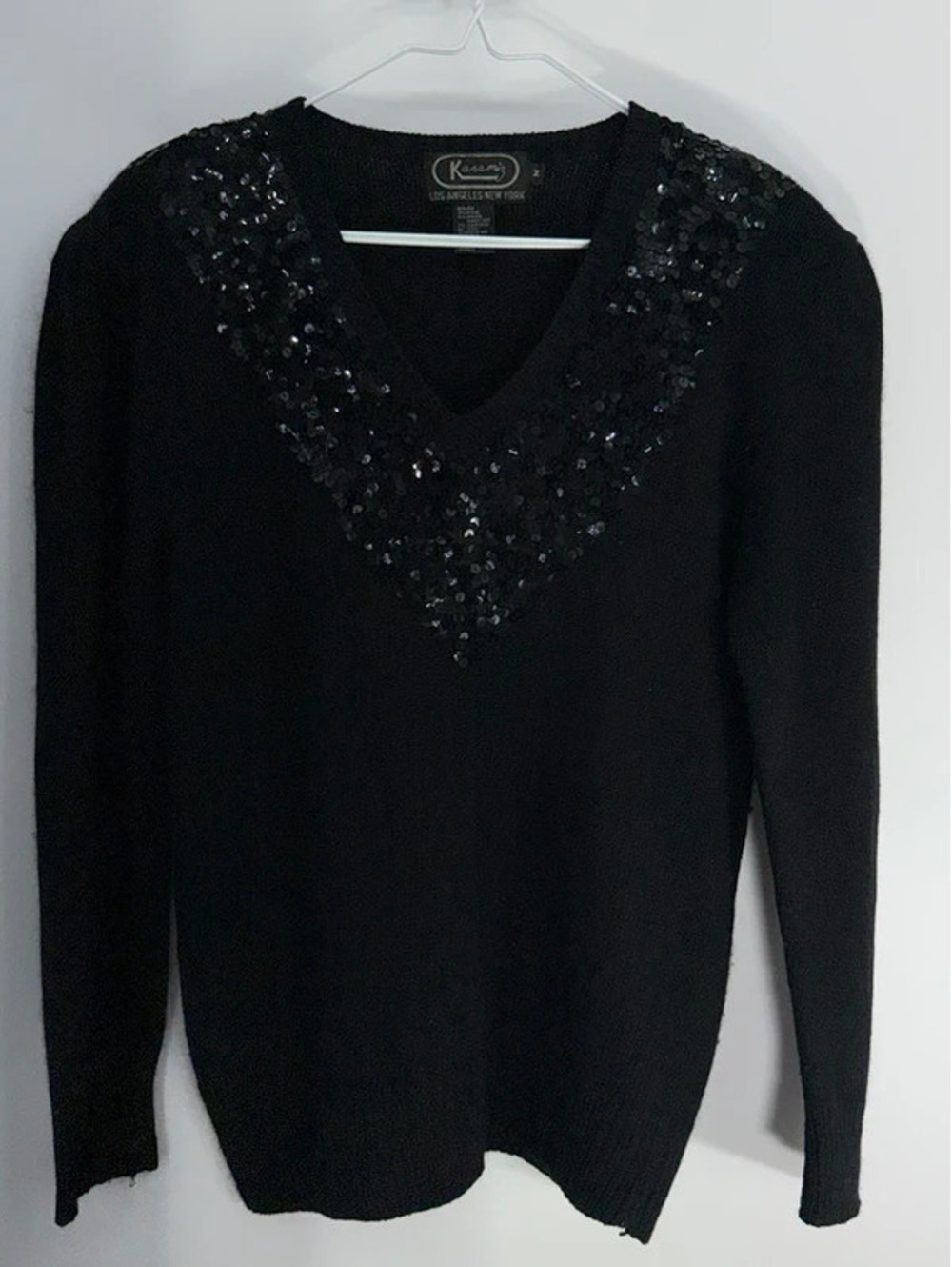 Karamiz Black Silk Blend V-Neck Sweater with Sequin Detail, Size M